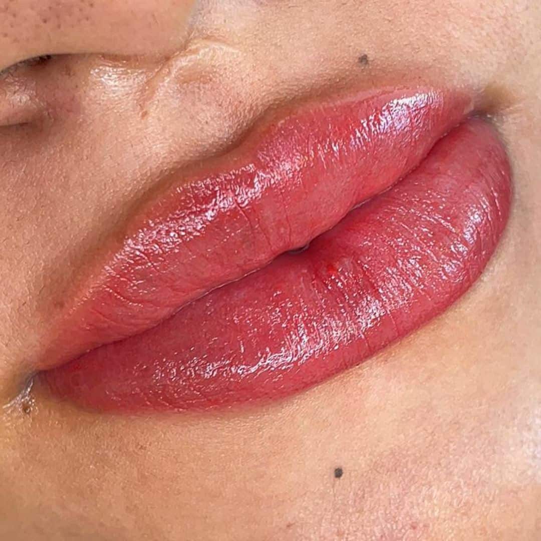 Lábios hidratados e com acabamento brilhante, destaque na beleza facial.